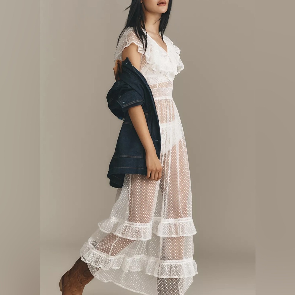 By Anthropologie Ruffle Sheer Mesh Maxi Dress - Picture 2 of 6
